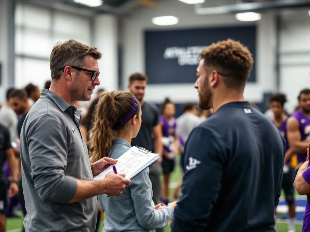 College coaches evaluating and interacting with athletes during recruitment camp