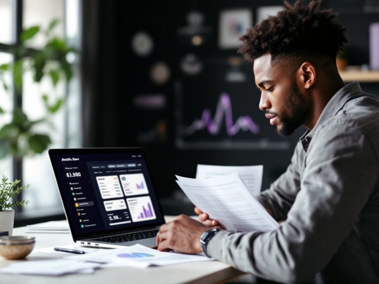 Young athlete reviewing financial planning documents and budgeting tools