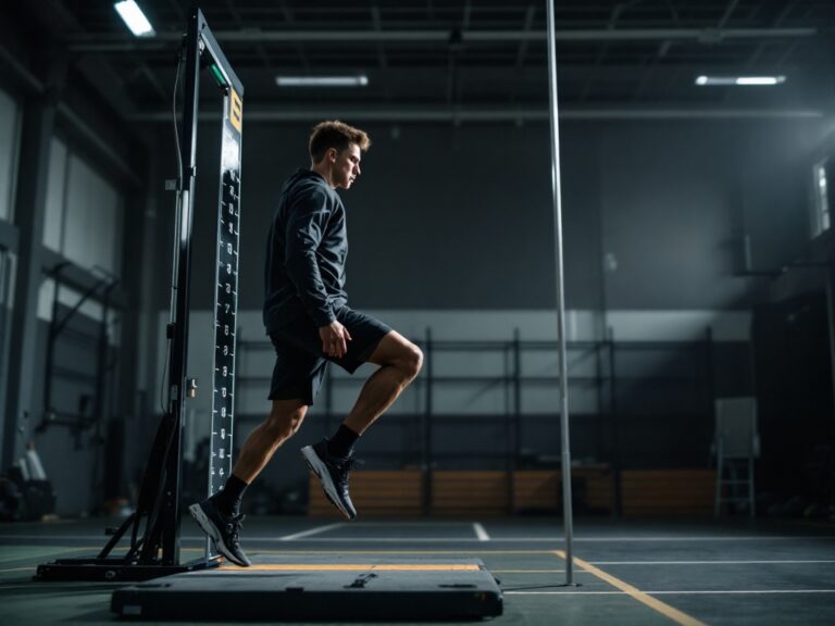 High school athlete performing vertical jump test while college scout measures performance with digital equipment