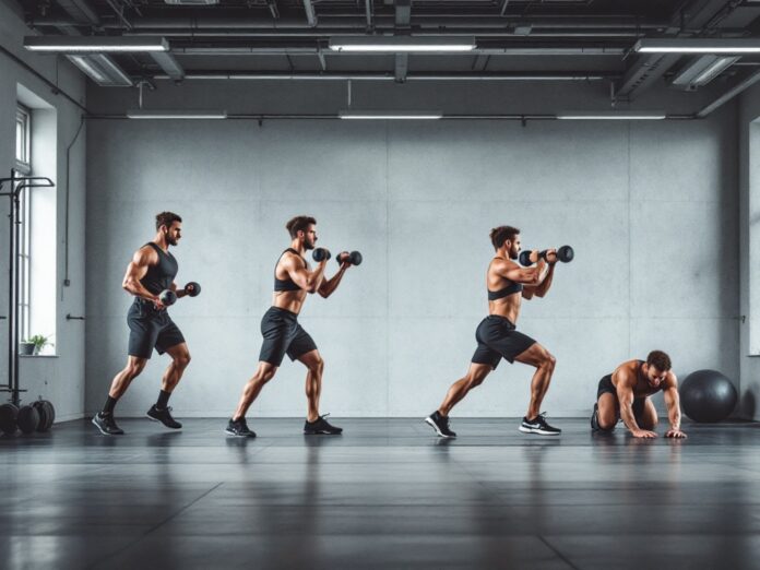 Athlete performing progressive training exercises showing different intensity phases from preparation to peak performance