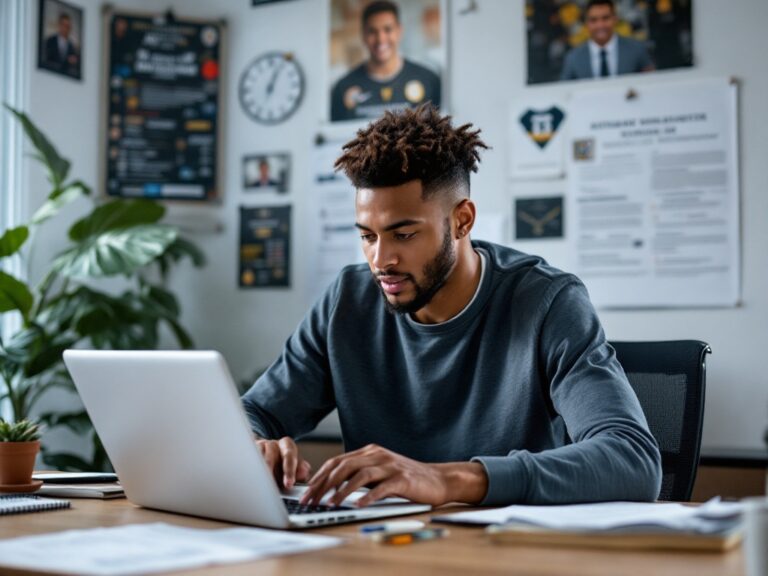 Professional college coach reviewing recruitment emails on a laptop and tablet, with athletic statistics and player profiles visible on screen