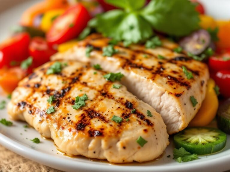 High-protein grilled chicken breast with colorful vegetables