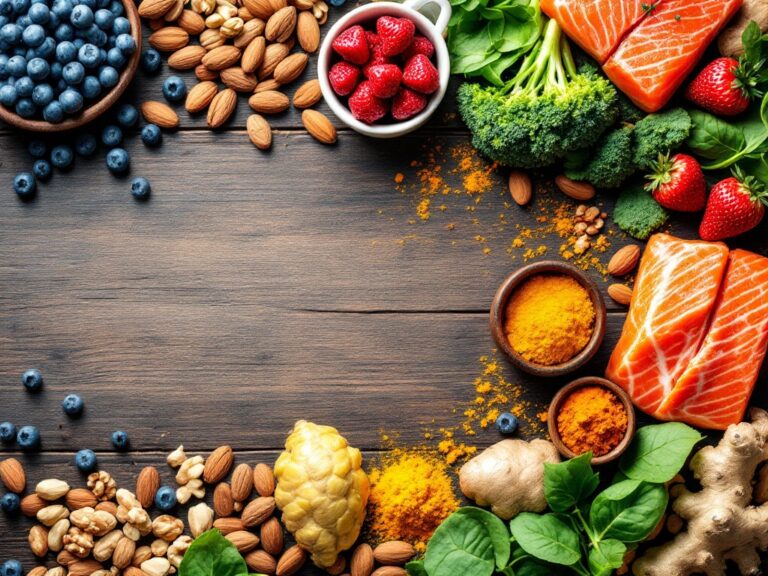 Anti-inflammatory foods including berries, leafy greens, and nuts on a table.