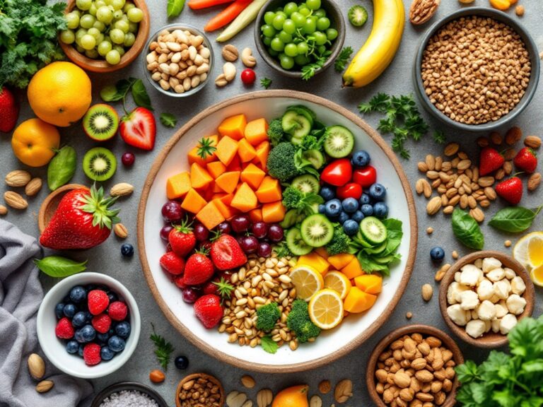 Plant-based foods including fruits, vegetables, nuts, and grains on a table.