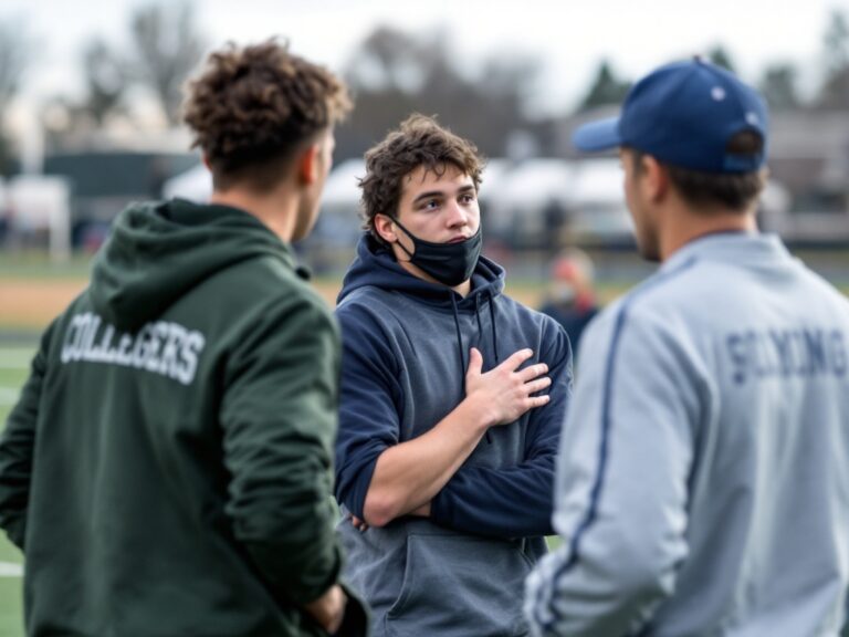 High school athlete practicing with college scouts watching.