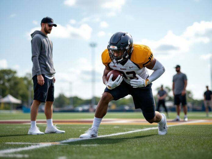 High school football player practicing on the field.