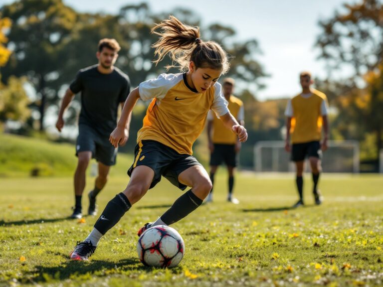 Young soccer player practicing on the field.