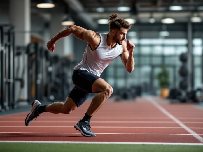 Professional athlete demonstrating proper sprint mechanics and acceleration techniques