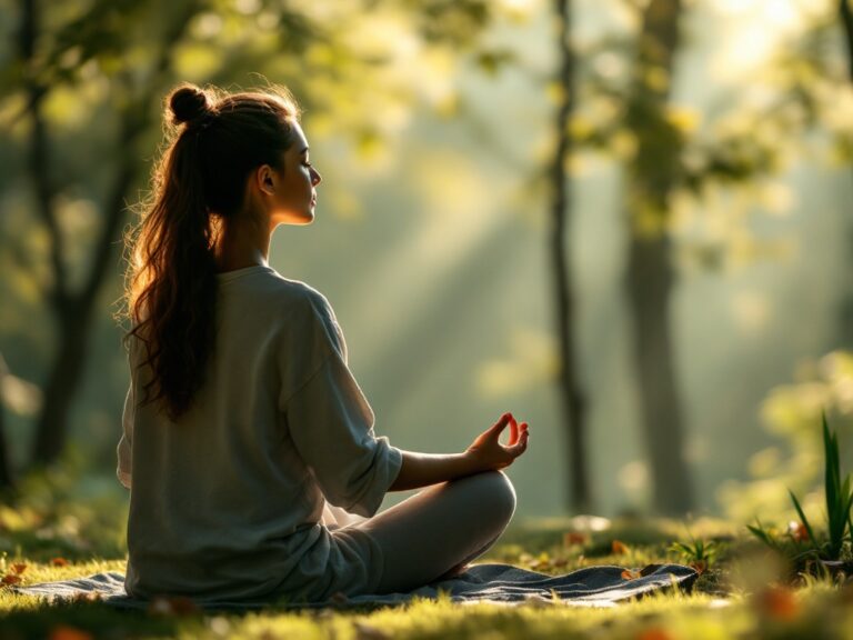 A person meditating peacefully in a serene environment, with soft morning light filtering through trees.